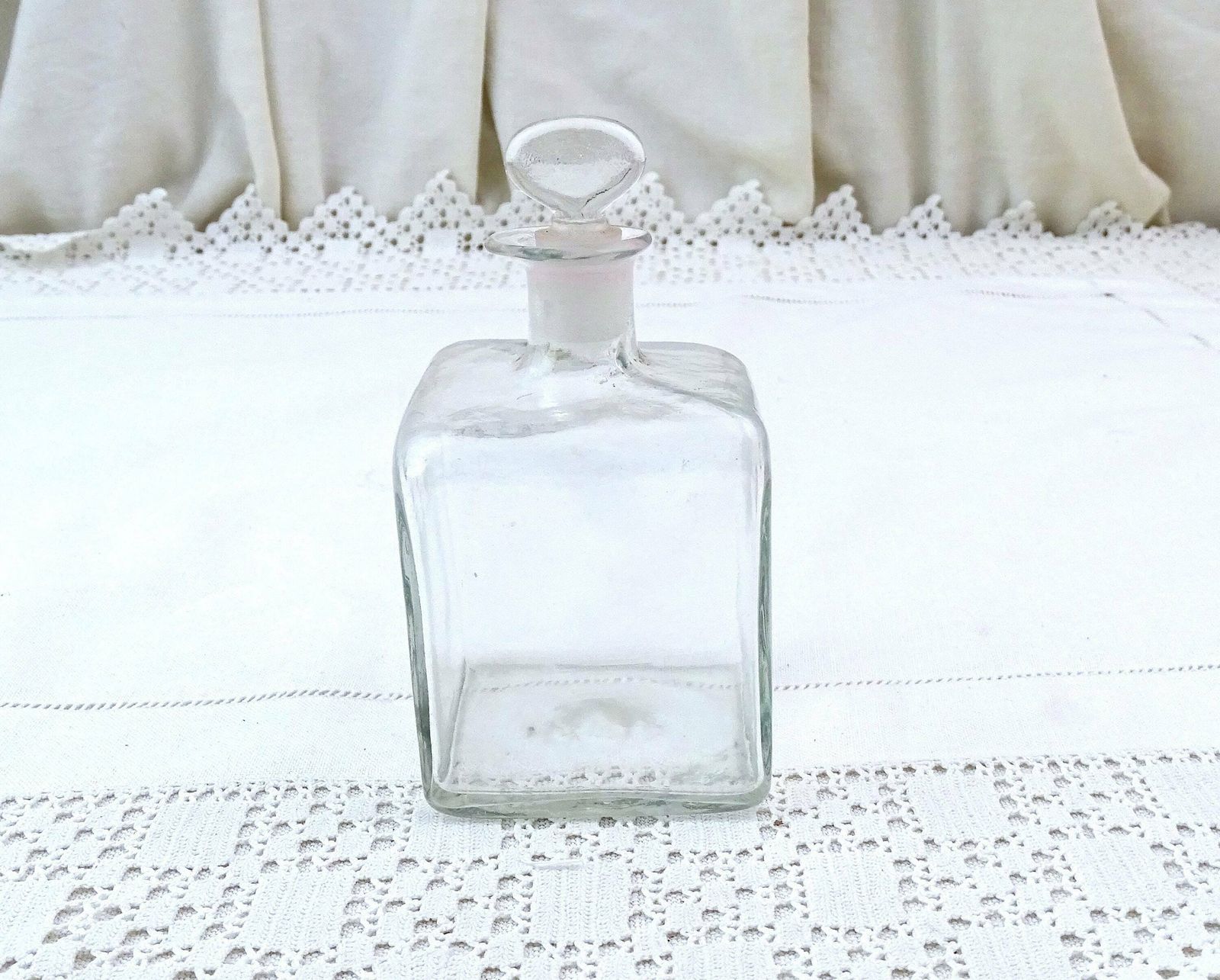 Antique French Mold Blown Clear Glass Square Shaped Bottle With Original Stopper, Rare Curio Victorian Glassware From France, Brocante Style photo furniture