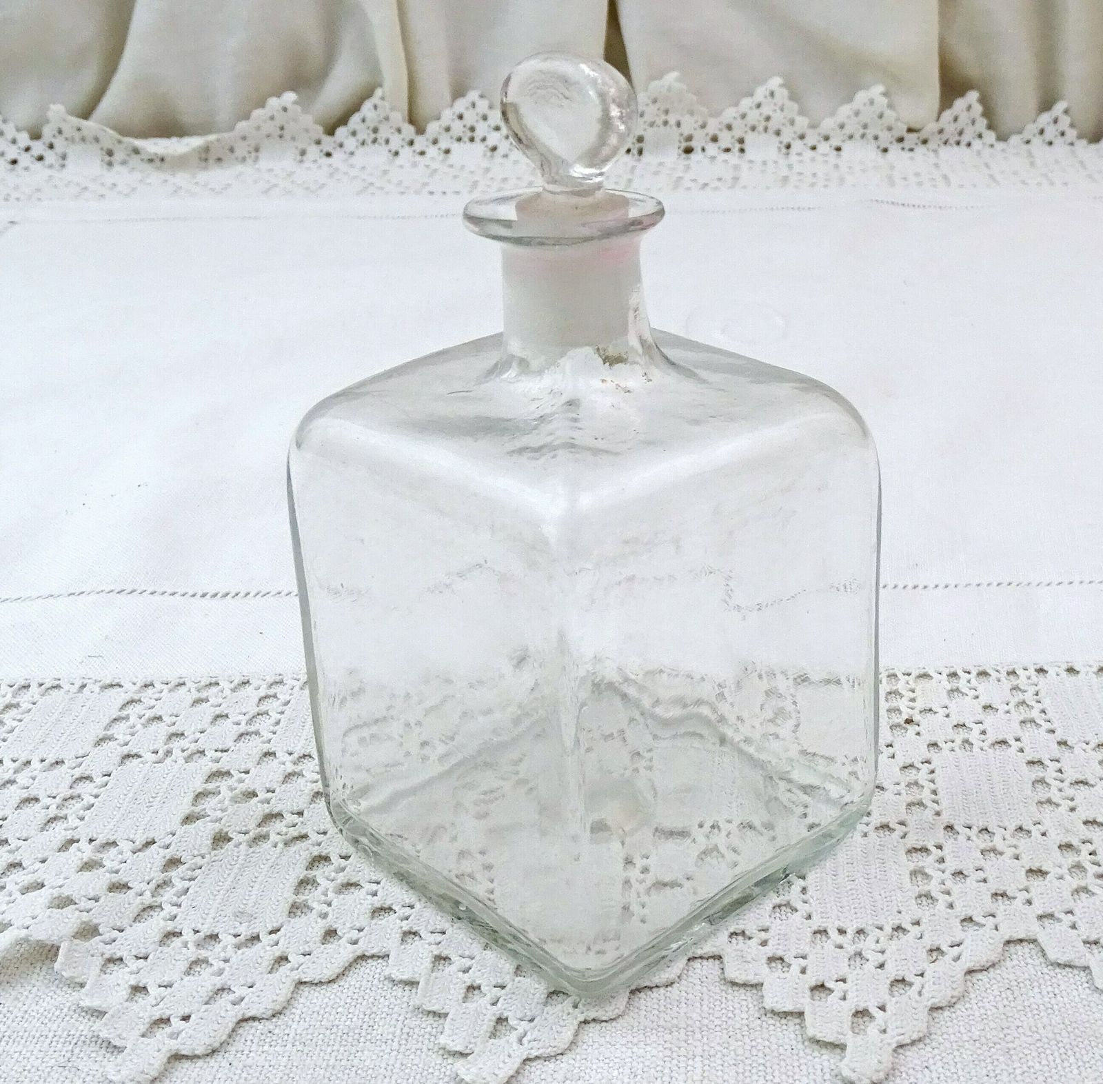 Antique French Mold Blown Clear Glass Square Shaped Bottle With Original Stopper, Rare Curio Victorian Glassware From France, Brocante Style photo Home Decor
