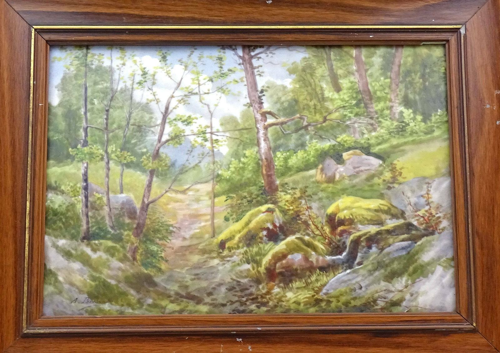 Antiek Frans Handgeschilderd En Gesigneerd Schilderij Op Porseleinen Plaquette – Bospad Met Mos, Vintage Limoges Stijl Landschapstafereel photo for sale