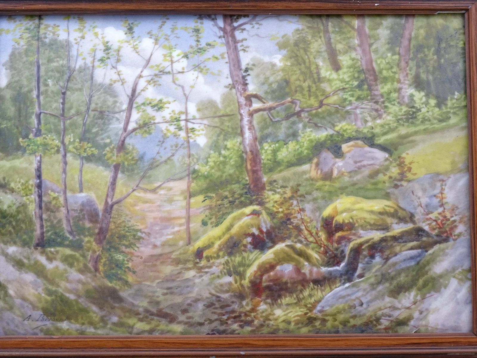 Antiek Frans Handgeschilderd En Gesigneerd Schilderij Op Porseleinen Plaquette – Bospad Met Mos, Vintage Limoges Stijl Landschapstafereel photo 188.0