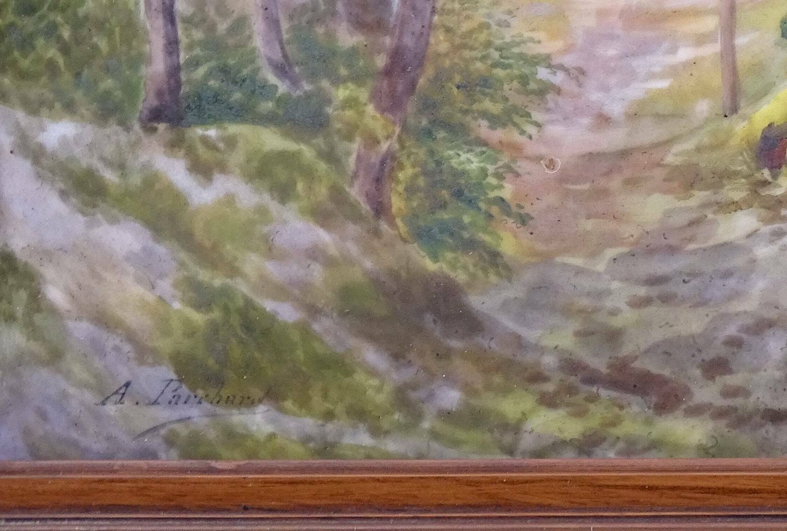 Antiek Frans Handgeschilderd En Gesigneerd Schilderij Op Porseleinen Plaquette – Bospad Met Mos, Vintage Limoges Stijl Landschapstafereel photo buy