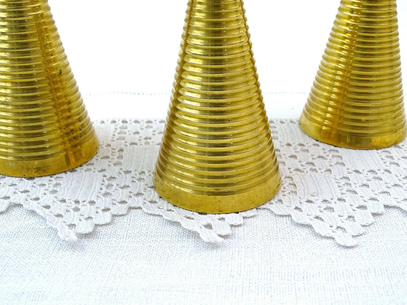 Set Of 3 Vintage Brass Mid Century Modern Conical Candle Sticks, Retro Scandinavian Style Metal Cone Shaped Candle Holders, 1960s Lighting photo Home Decor
