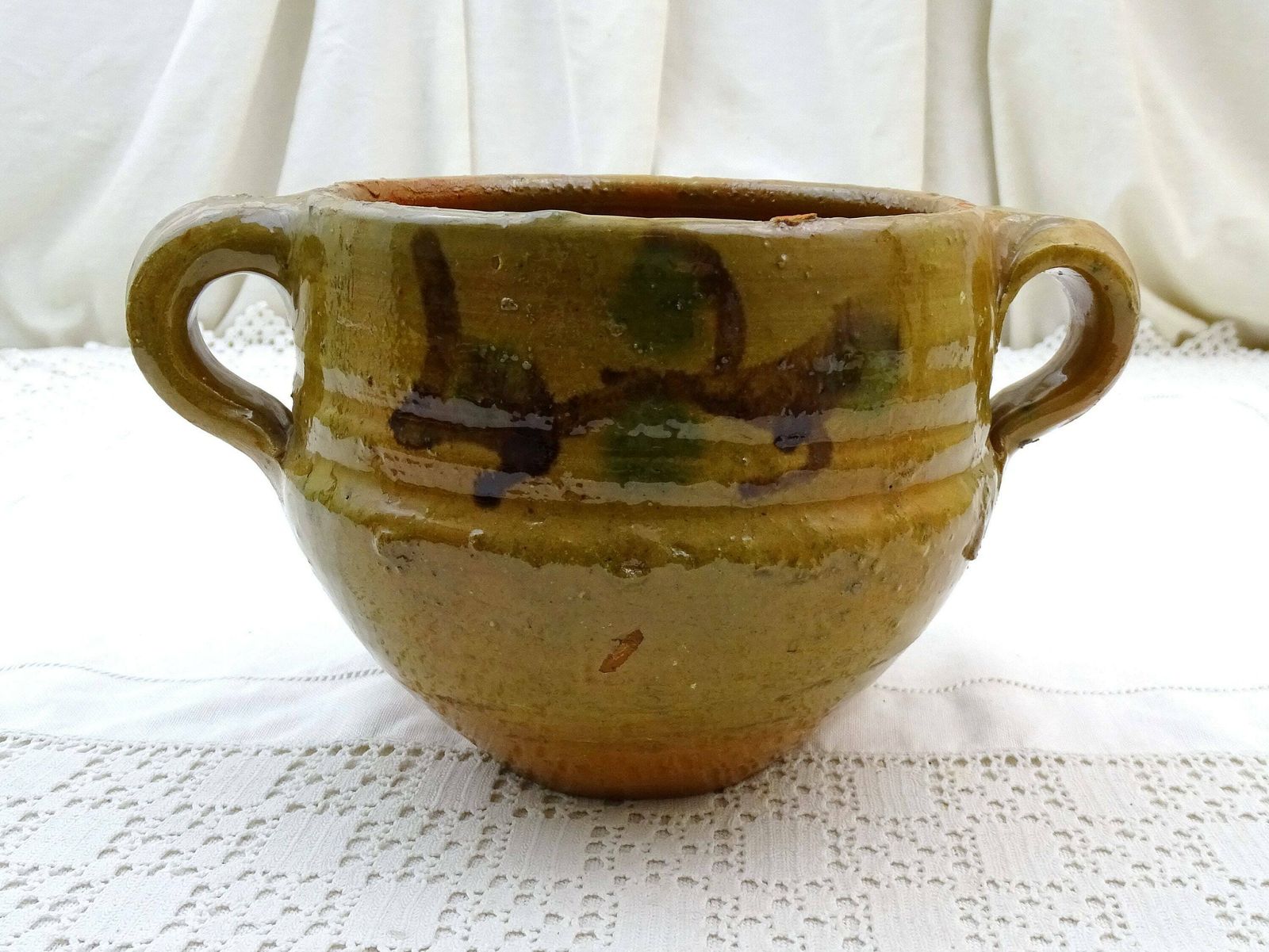 Vintage French Terracotta Pottery Confit Pot Rustic Bowl With 2 Side Handles In Ochre Glaze, Rural Traditional Style Farmhouse Decor France