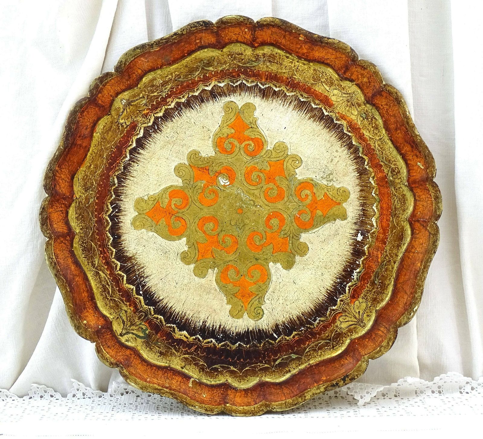 Round Vintage Gold And Burnt Orange Venetian Style Serving Tray, Retro Italian Golden Decor Golden, Mid Century Florentine Home Decor Italy photo furniture