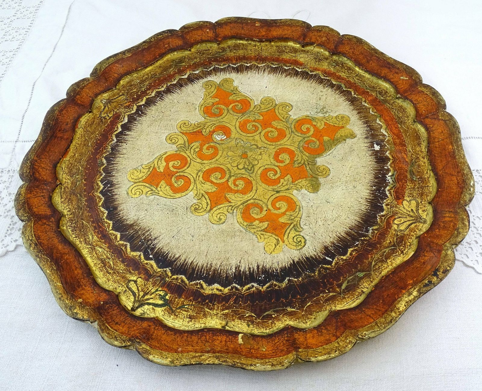 photo furniture Round Vintage Gold And Burnt Orange Venetian Style Serving Tray, Retro Italian Golden Decor Golden, Mid Century Florentine Home Decor Italy