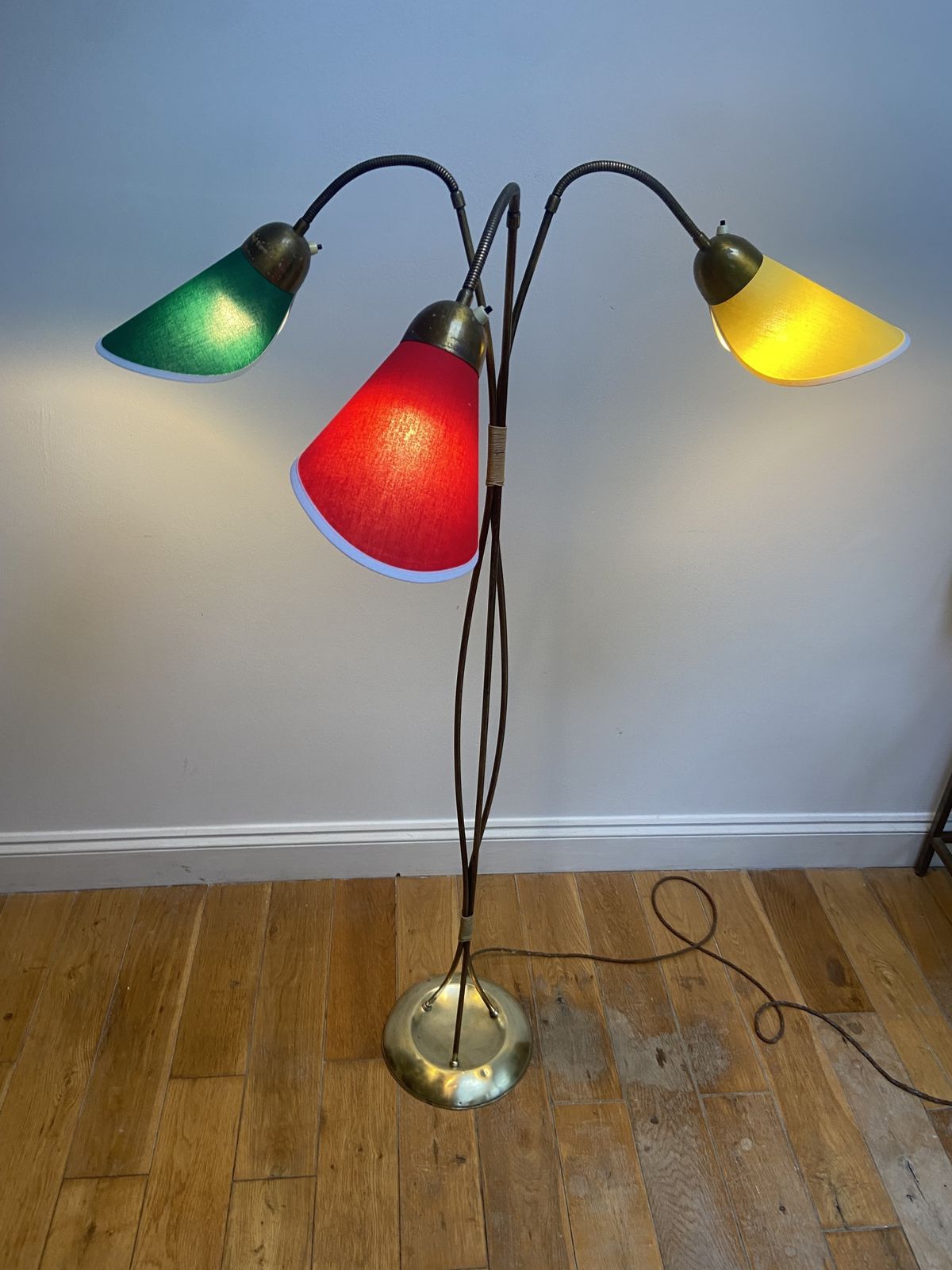 German Mid Century Three Flex Arm Brass Floor Lamp 1950s Tüten Stehlampe photo for sale