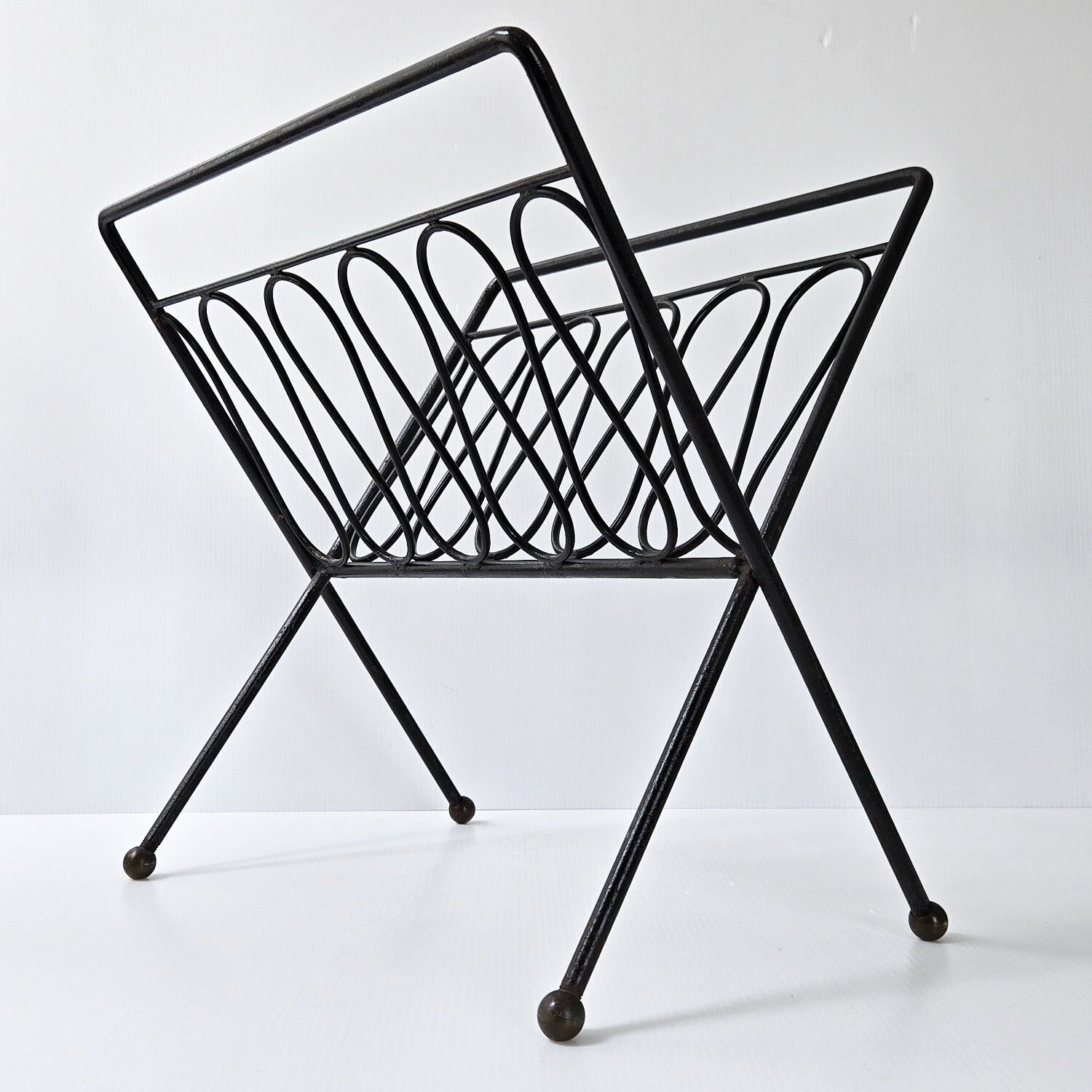 Vintage 1950s Black Lacquer Steel & Brass Dlg Jean Royere Magazine Rack 50s 1950s