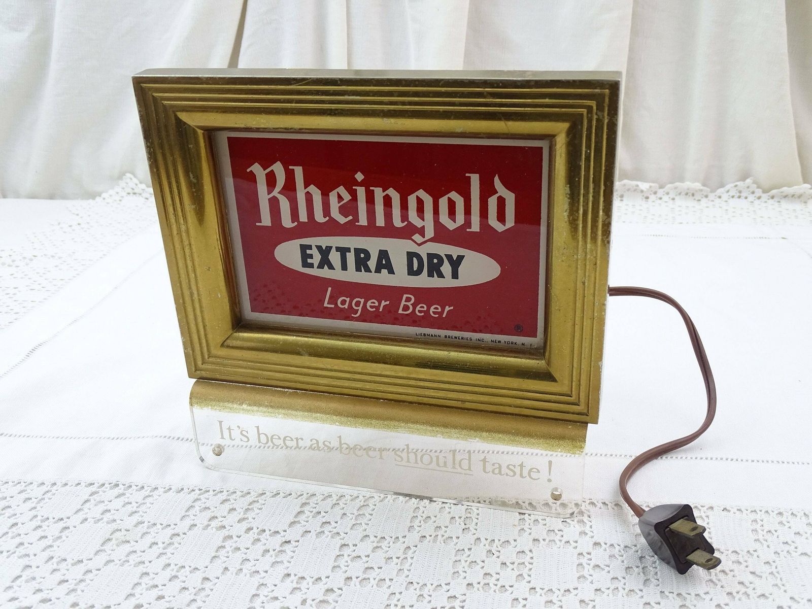 Vintage Mid Century Verlicht Reclamebord Rheingold Extra Dry Lager Beer, Vs, Retro Jaren 1950 Barverzameling, Rood En Goud