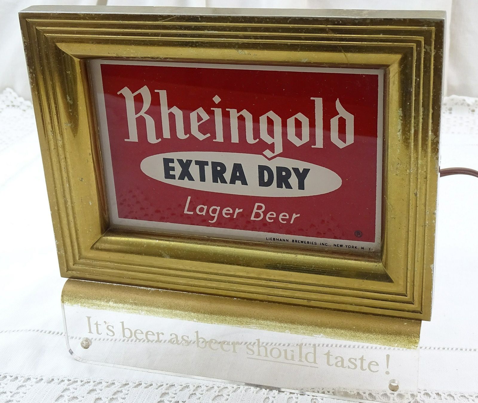 Vintage Mid Century Rheingold Extra Dry Lager Beer Cash Electrified Lighted Glass Sign From USA, Retro 1950s Barware Advertising Red Gold photo furniture