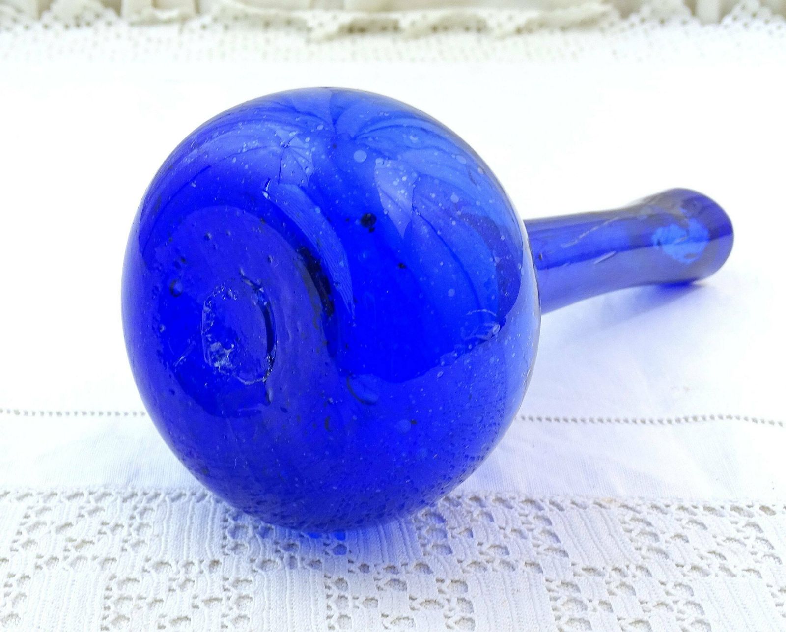 Vintage French Bottle Blue Blown Glass Tall Necked Vase With Random Air Bubbles, Retro Artisan Posy Vase From France, Old Flower Arranging photo for sale