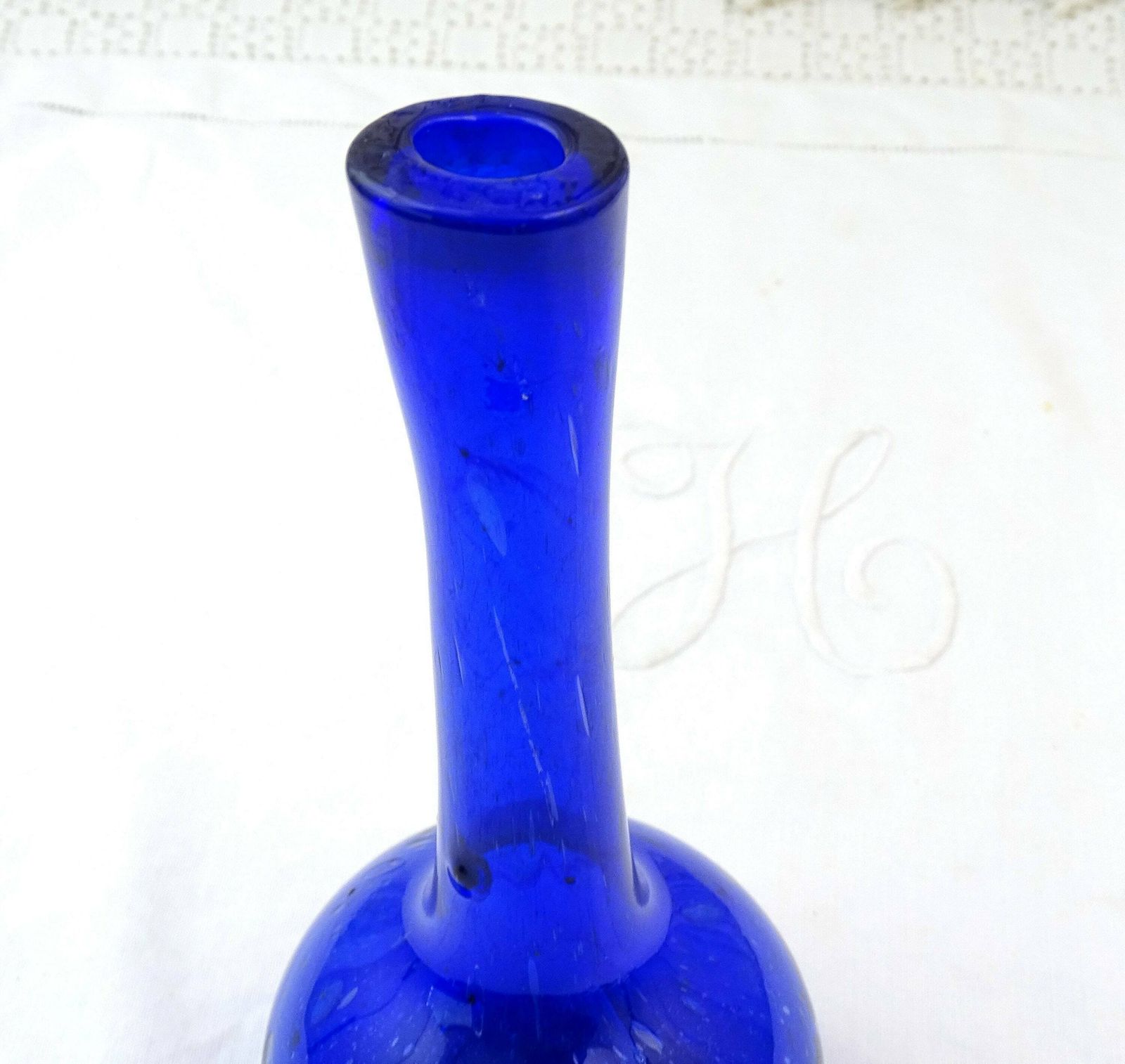 Vintage French Bottle Blue Blown Glass Tall Necked Vase With Random Air Bubbles, Retro Artisan Posy Vase From France, Old Flower Arranging photo vinterior