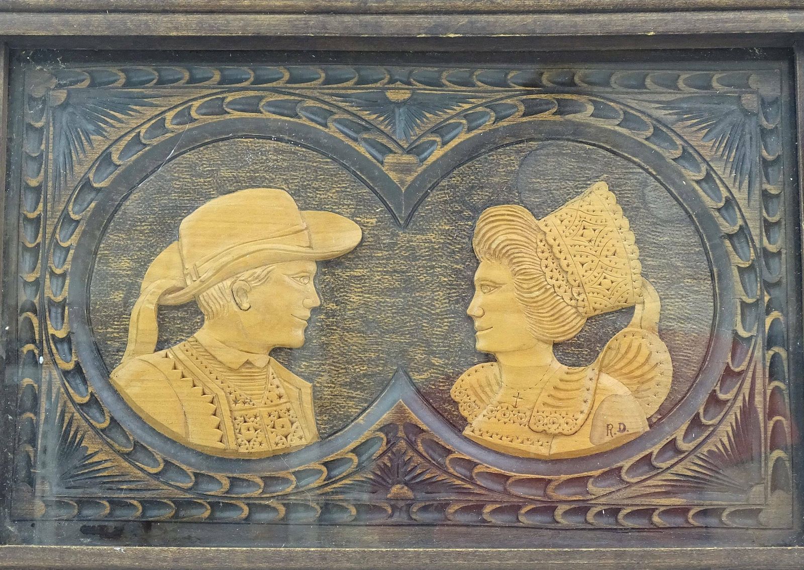Large Vintage French Hand Carved Oak Wood Serving Tray With 2 Bretons In Traditional Dress Signed Rd With Glass Top, Retro Souvenir Brittany photo for sale