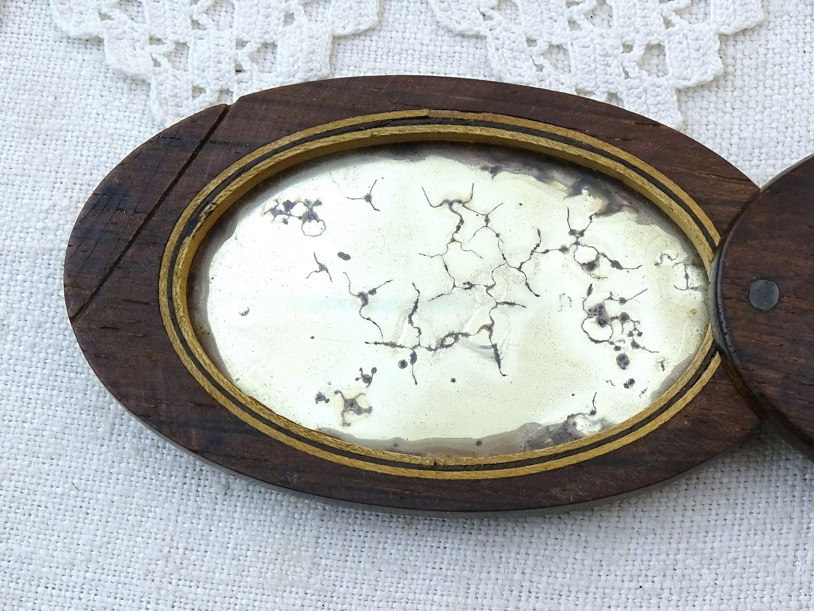 photo furniture Small Antique French Pocket Distressed Mirror With Wooden Case And Paper Label Stating It Comes From Versailles, 19th C Looking Glass France
