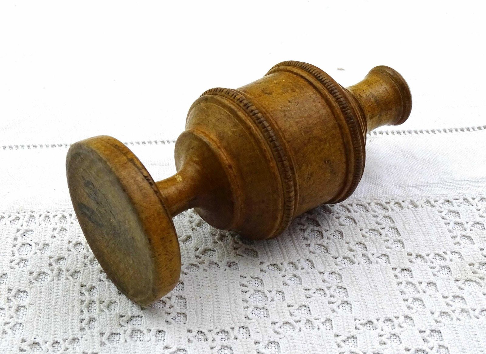 Antique French 18th Century Turned Wooden Footed Powder Shaker, Retro Primitive Treen Shaker Made Of Wood From France, Old World Folk Art photo for sale