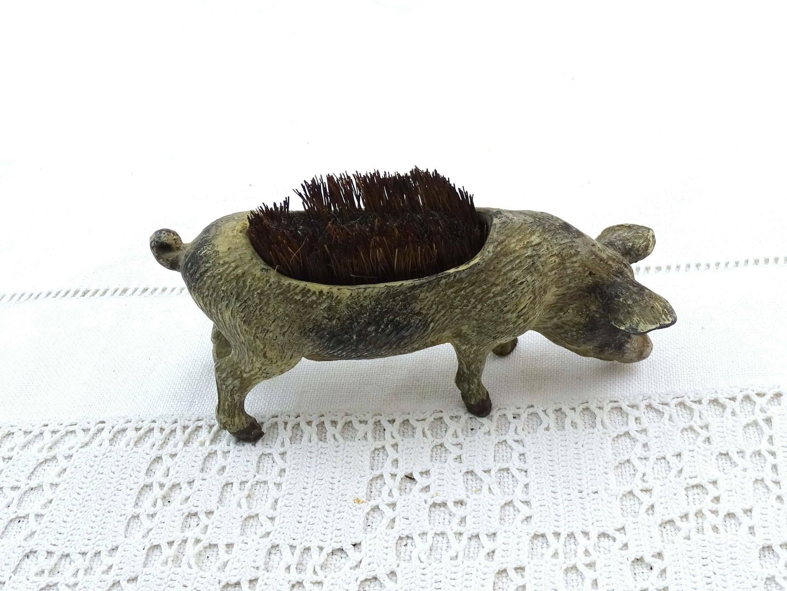 Antique French Cold Painted Metal Pig Fountain Pen Wipe With Bristle Brush, Retro Writing Accessory From France, Collectible Boar photo for sale