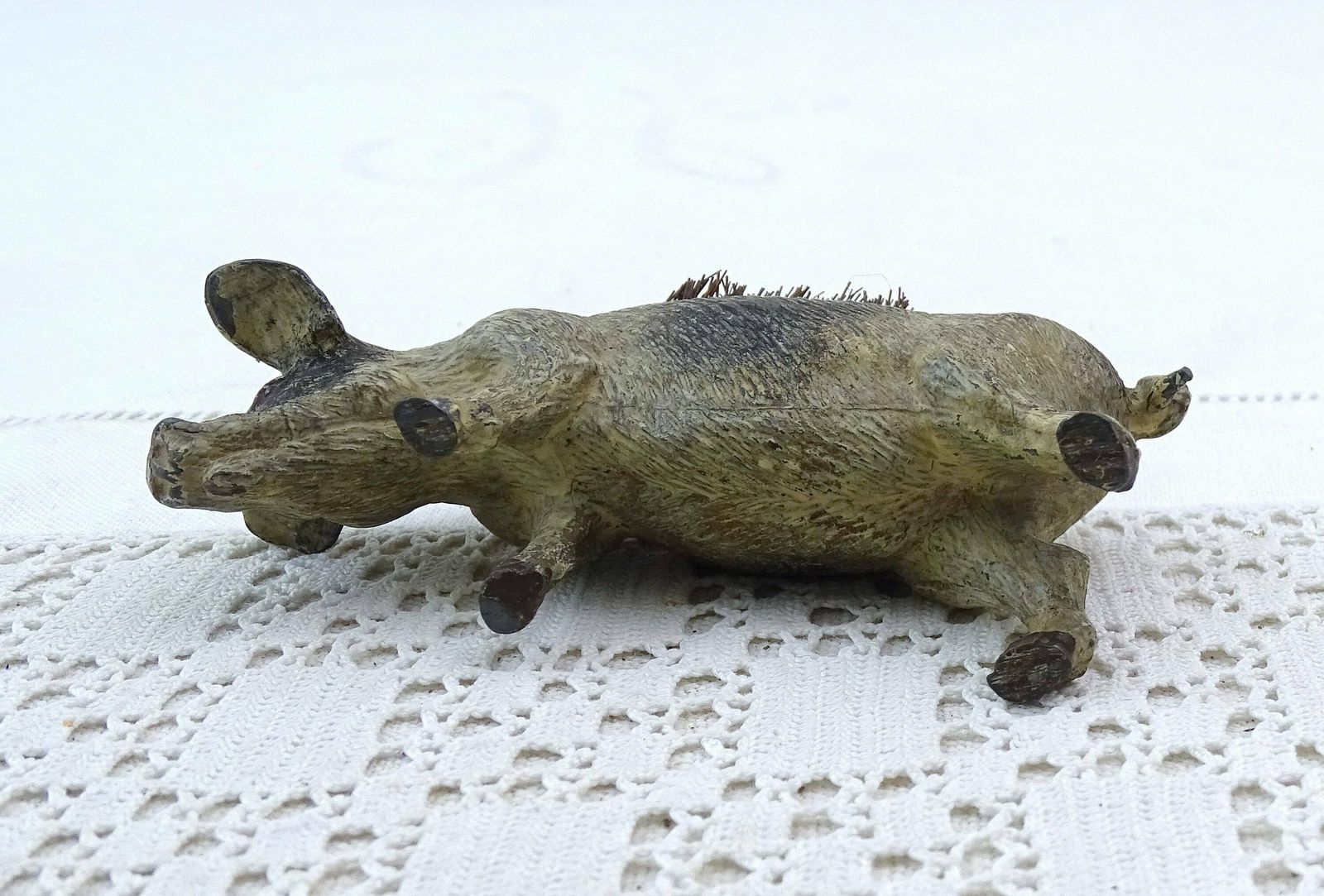 Antiek Frans Koud Geschilderd Metalen Varken – Pennenveeg Met Borstelletje, Retro Schrijfaccessoire Uit Frankrijk, Verzamelbaar Everzwijn photo 247.0