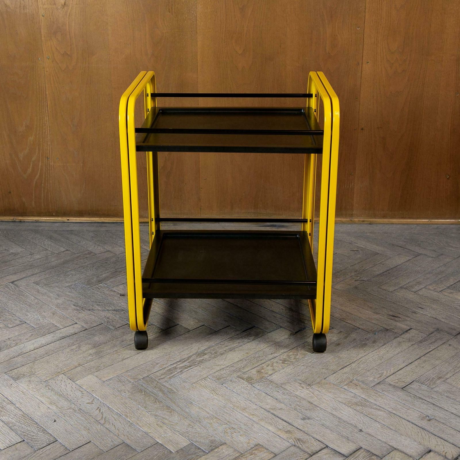 Postmodern Yellow Black Trolley On Castors By Secco, Italy 1980s photo for sale