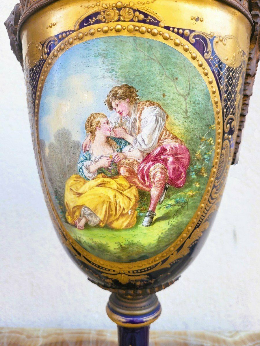 In The Style Of Sèvres, Pair Of Covered Porcelain Vases, 19th Century photo for sale