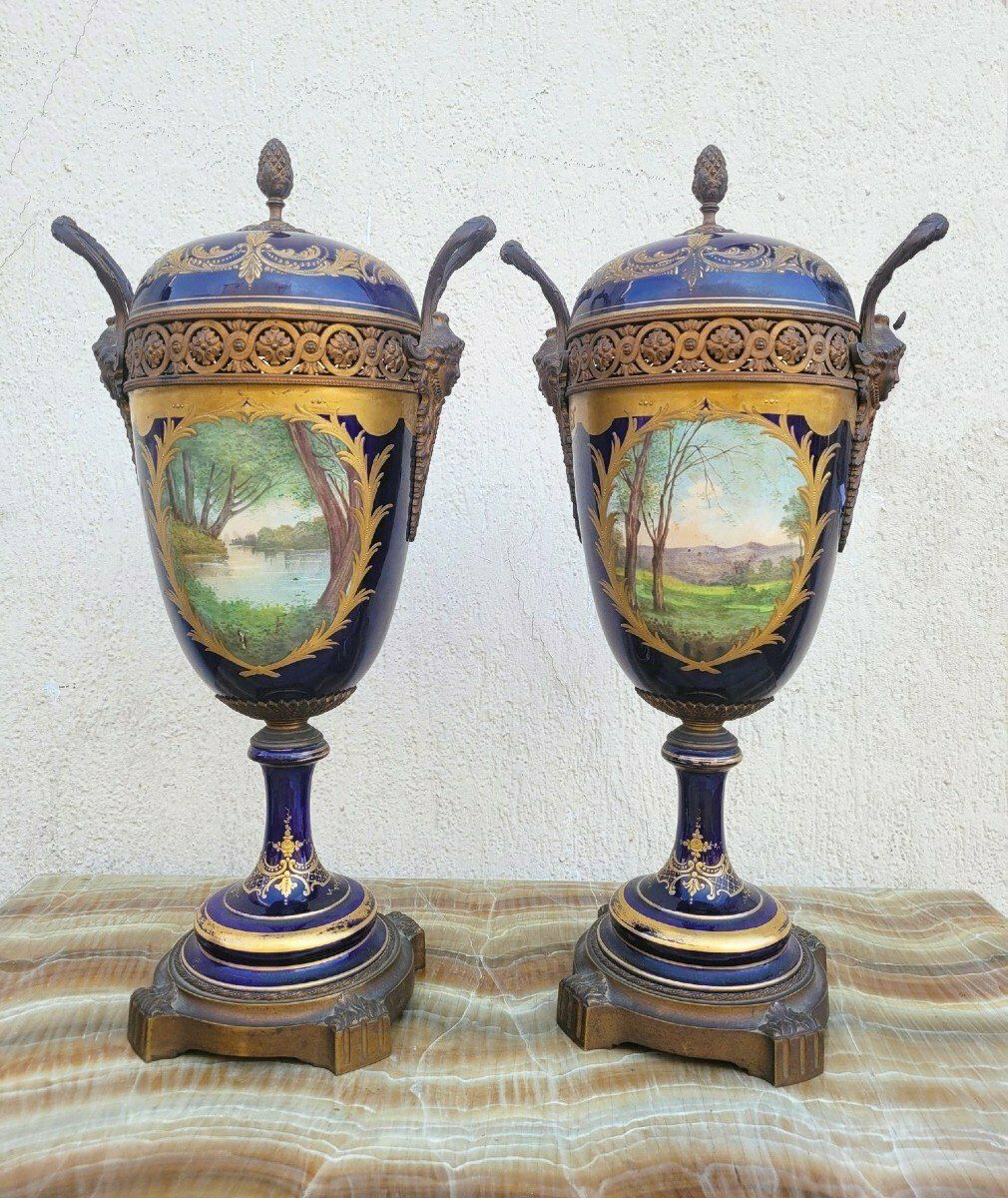 In The Style Of Sèvres, Pair Of Covered Porcelain Vases, 19th Century photo vintage