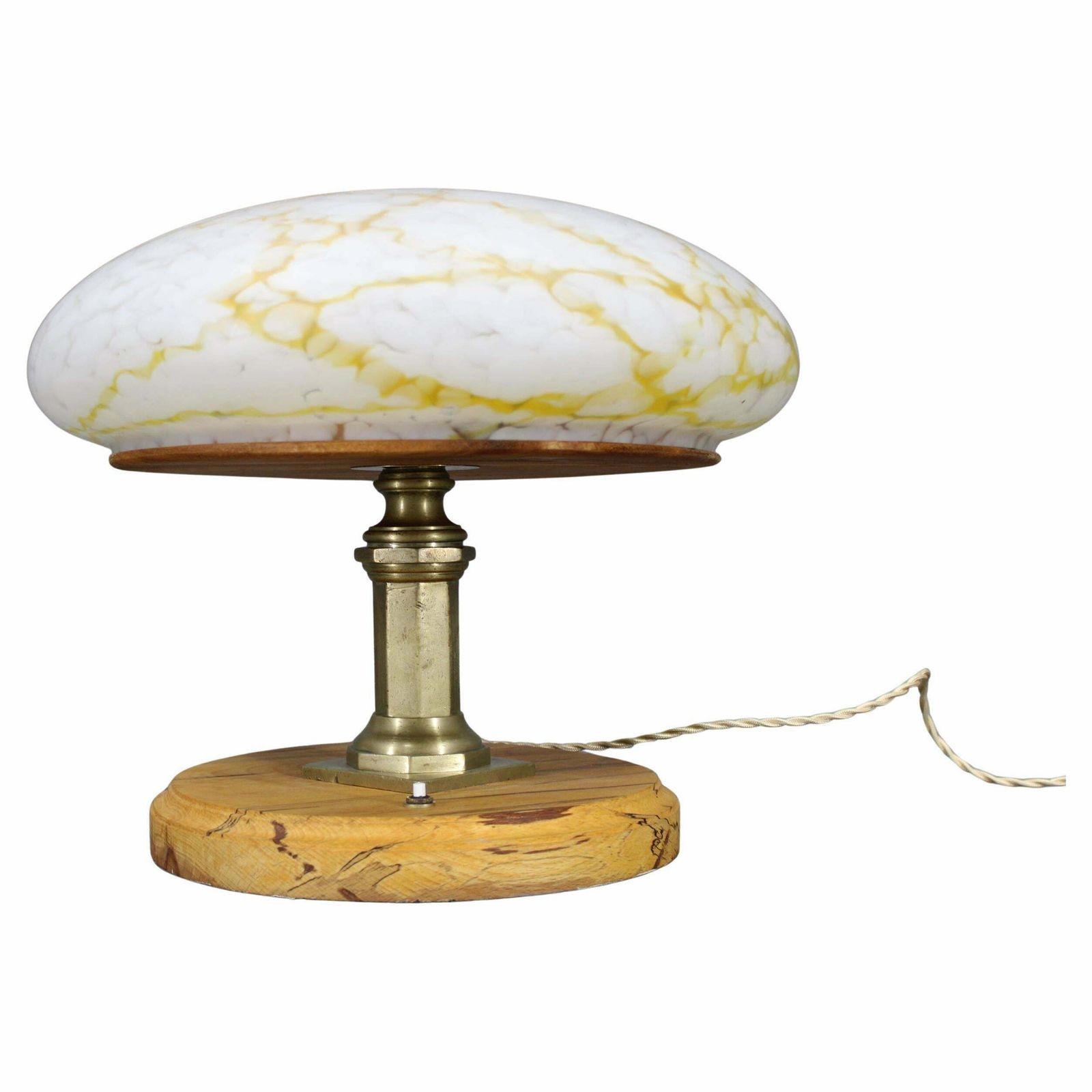 1940s Restored Brass Table Lamp With Wooden Base And Glass Shade