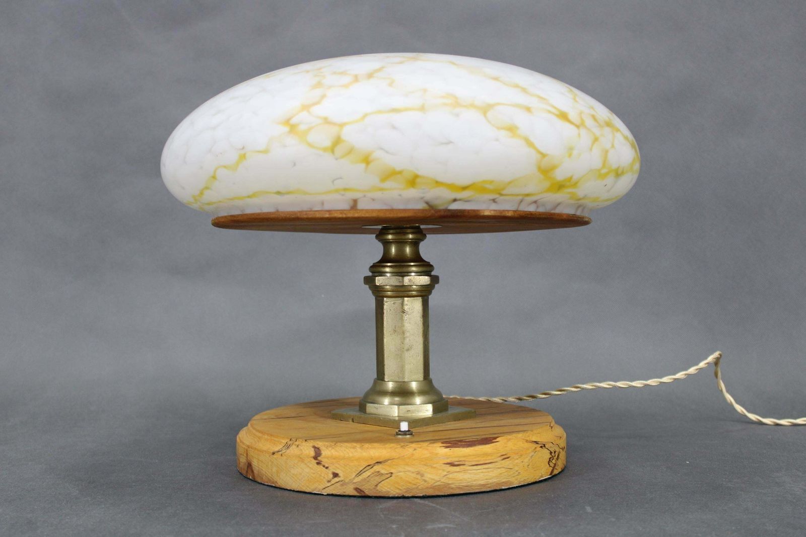 1940s Restored Brass Table Lamp With Wooden Base And Glass Shade photo furniture