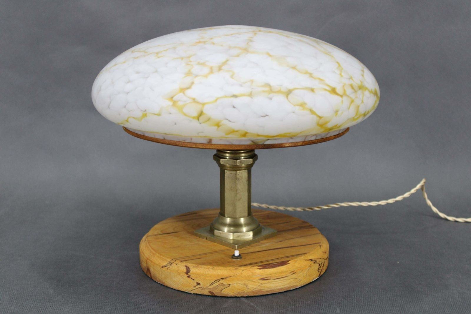 1940s Restored Brass Table Lamp With Wooden Base And Glass Shade photo for sale