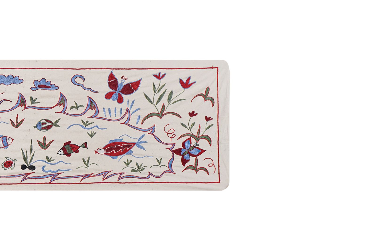 Uzbek Suzani Cotton Table Runner   Fish Embroidered Design Perfect For Unique Home Decor 1'6'' X 4'6'' photo furniture