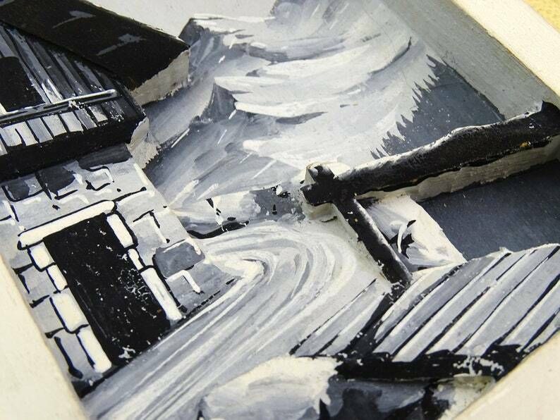 French Vintage Solid Carved Wooden 3 Dimensional Picture Of Alpine Chalet And Mountains In Black And White, Retro Wall Hanging Decor photo for sale