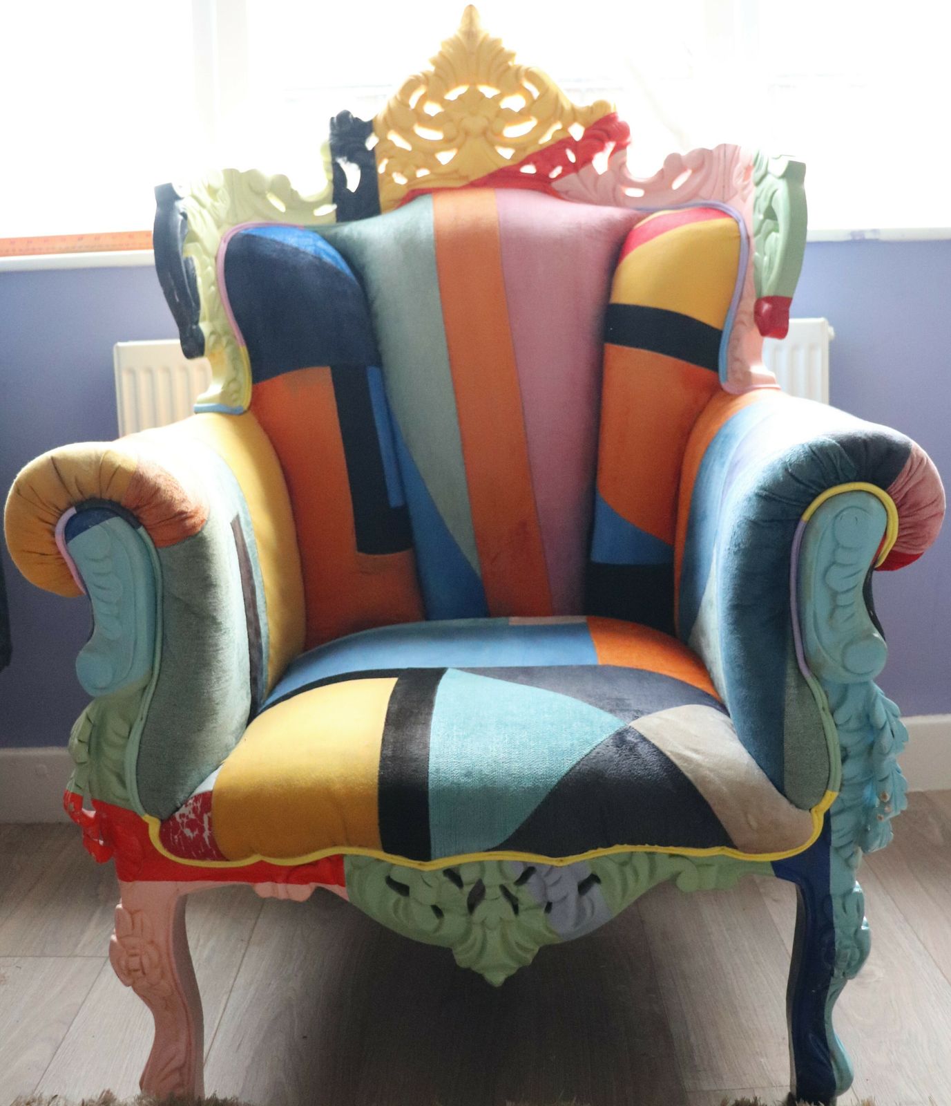 Big Brother 2009 Style Wing Arm Chair Colourful Velour Patchwork Wooden Frame photo Furniture