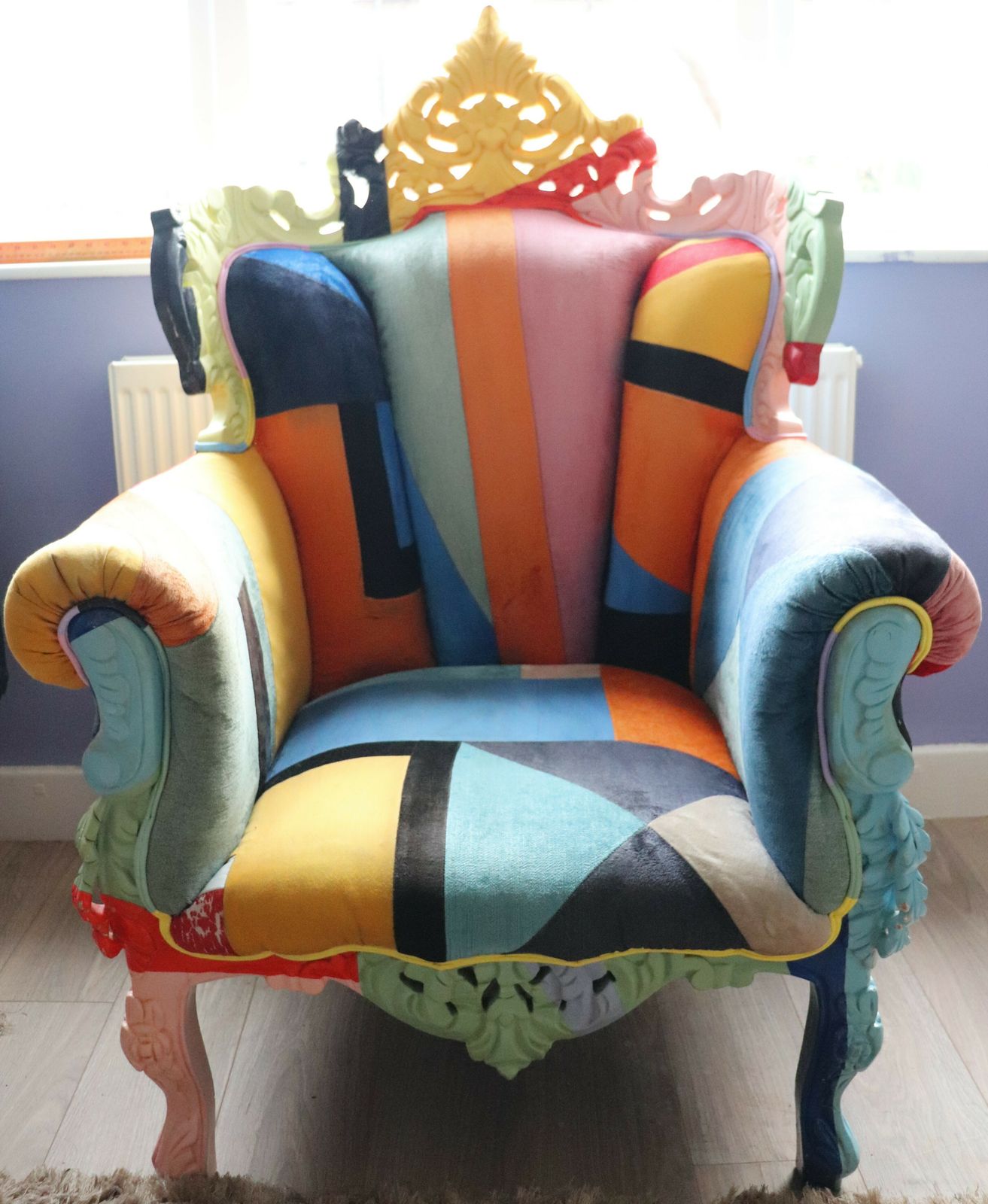 Big Brother 2009 Style Wing Arm Chair Colourful Velour Patchwork Wooden Frame photo vinterior