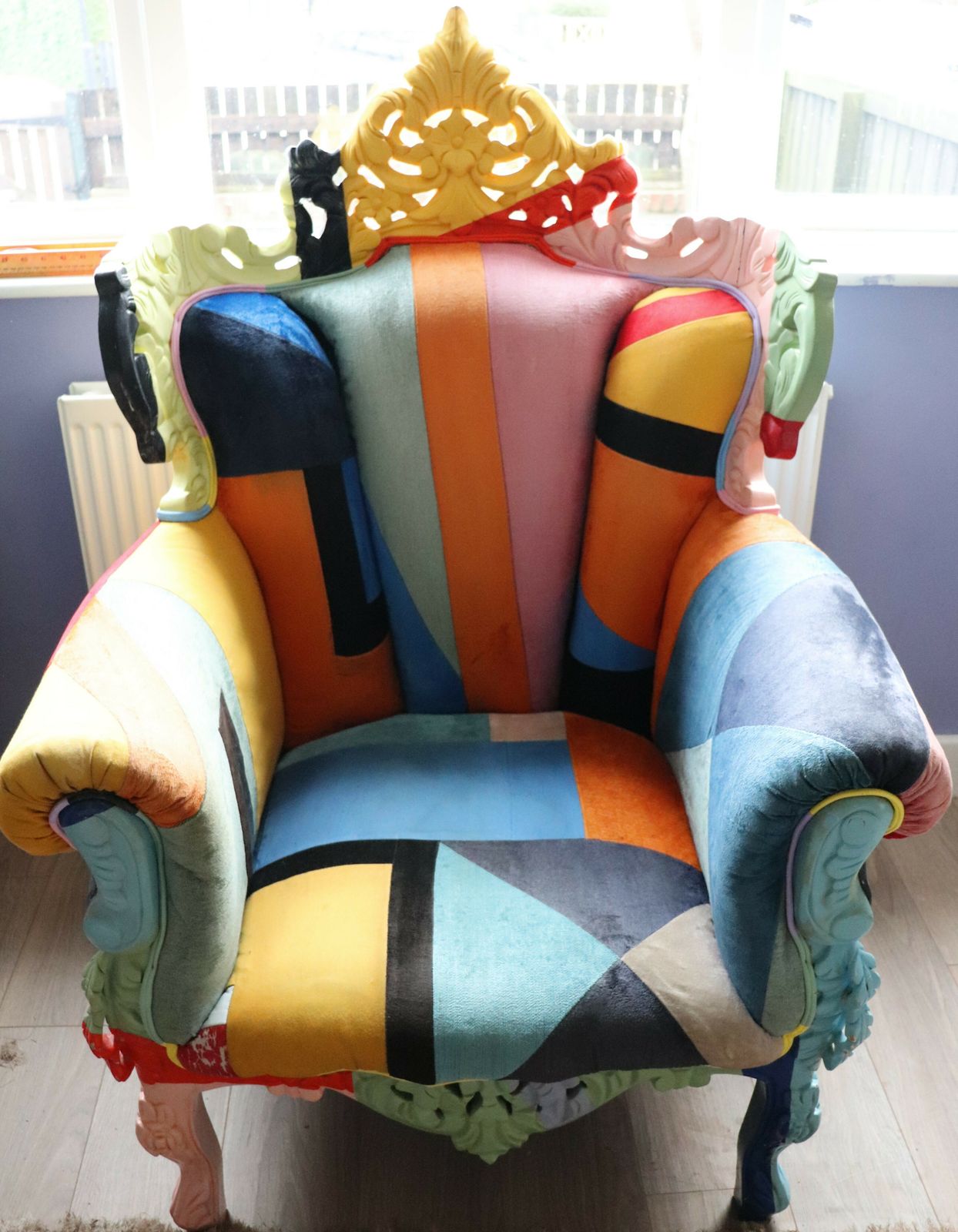 Big Brother 2009 Style Wing Arm Chair Colourful Velour Patchwork Wooden Frame photo buy