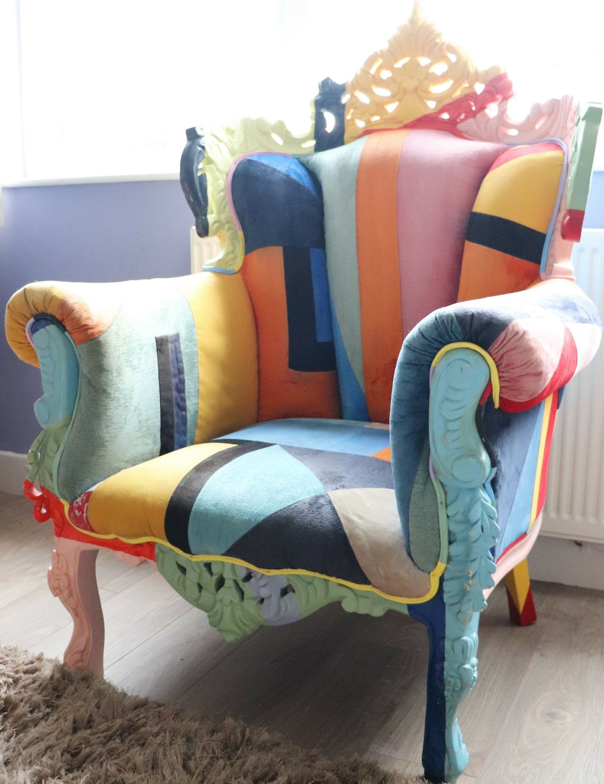 350.0 Big Brother 2009 Style Wing Arm Chair Colourful Velour Patchwork Wooden Frame photo