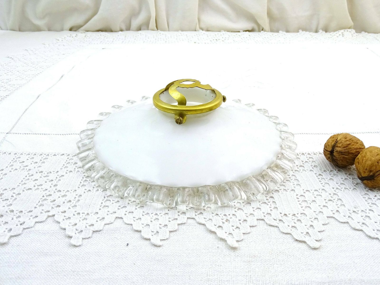 Antique French White Glass Pendant Light Shade With Clear Frilled Edge, Vintage Country Lighting Accessory From France, Farmhouse Decor