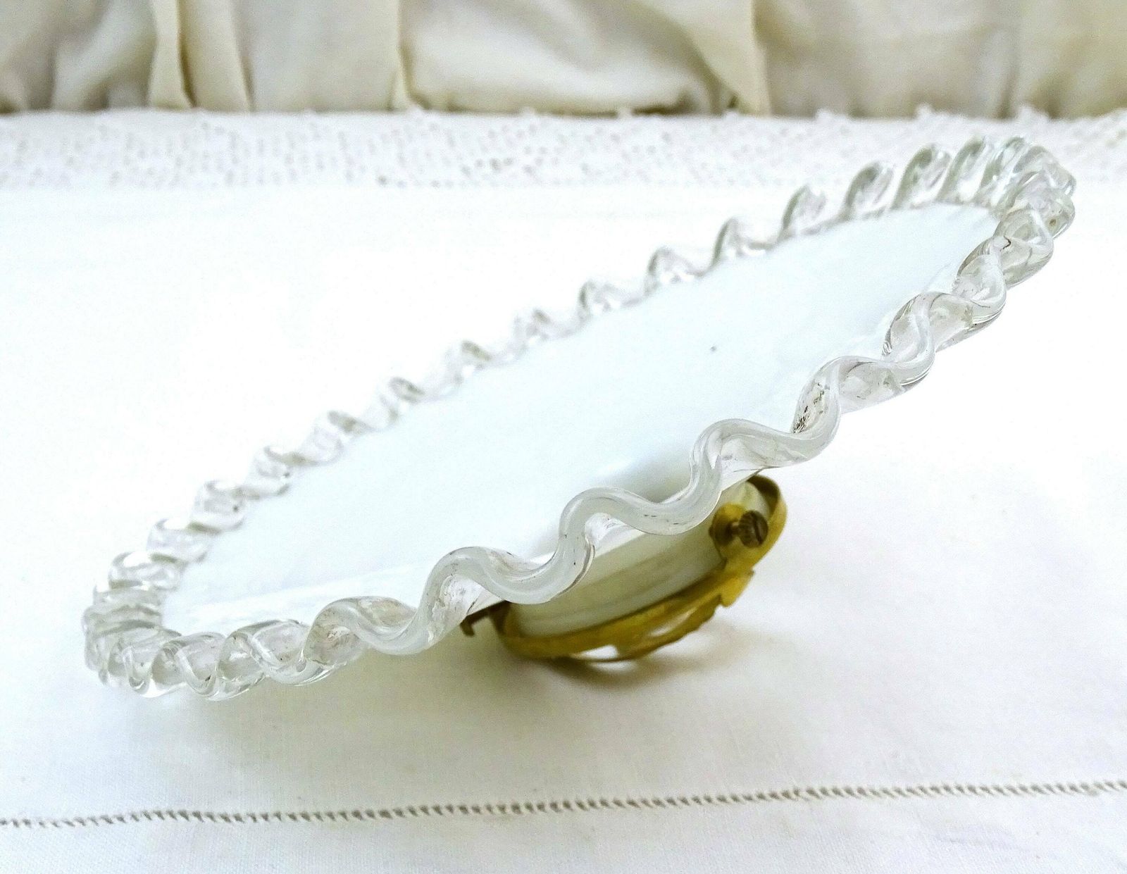Antique French White Glass Pendant Light Shade With Clear Frilled Edge, Vintage Country Lighting Accessory From France, Farmhouse Decor photo 58.0