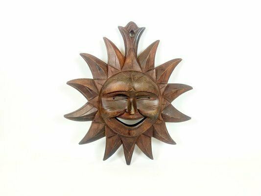 Wooden Carved Sun Face Sunburst Wall Sculpture, 20th Century