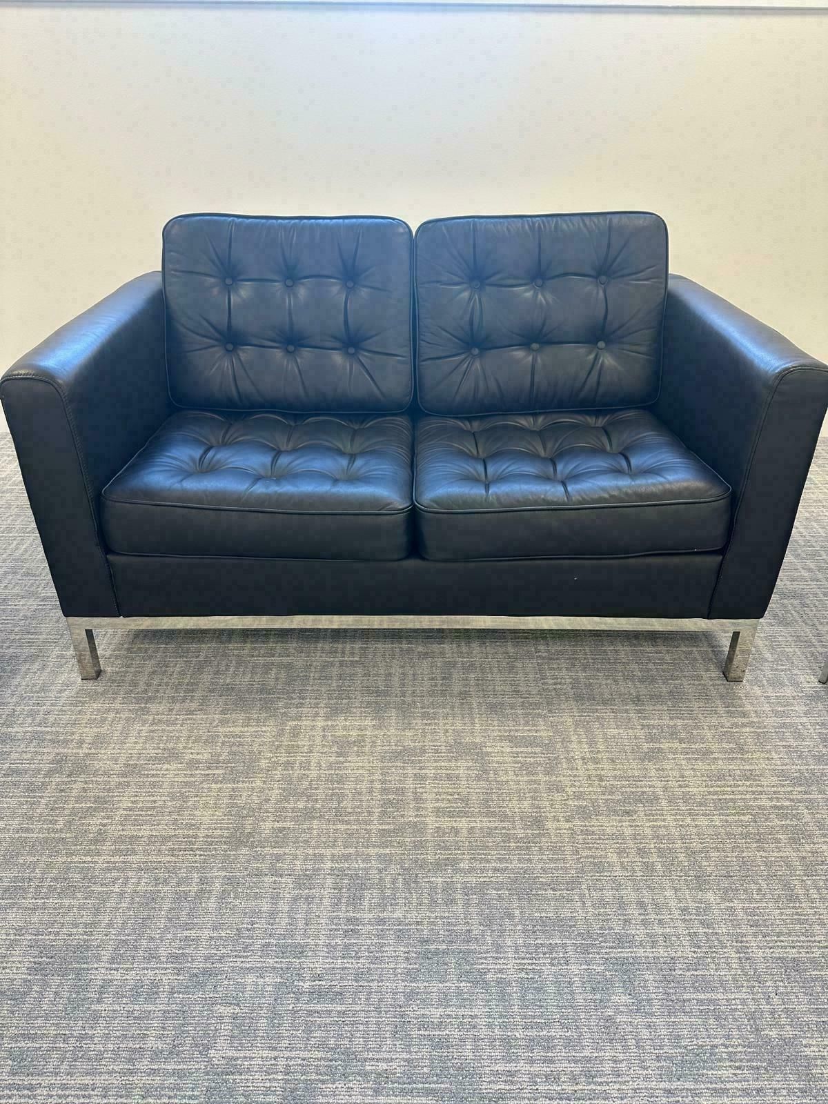 Vintage Florence Knoll Style 2 Seater Black Leather Sofa photo furniture