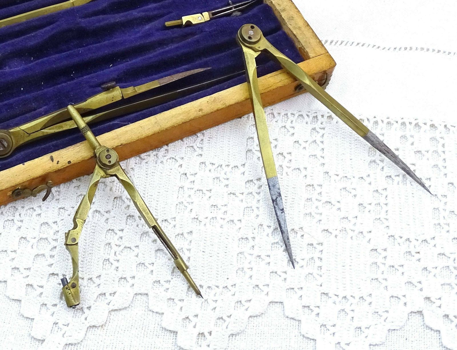 Small Antique French Draftsman Set With Brass Tools Purple Velvet Lined Wooden Box, Retro Drawing Accessory From France, Compass Set photo Home Decor