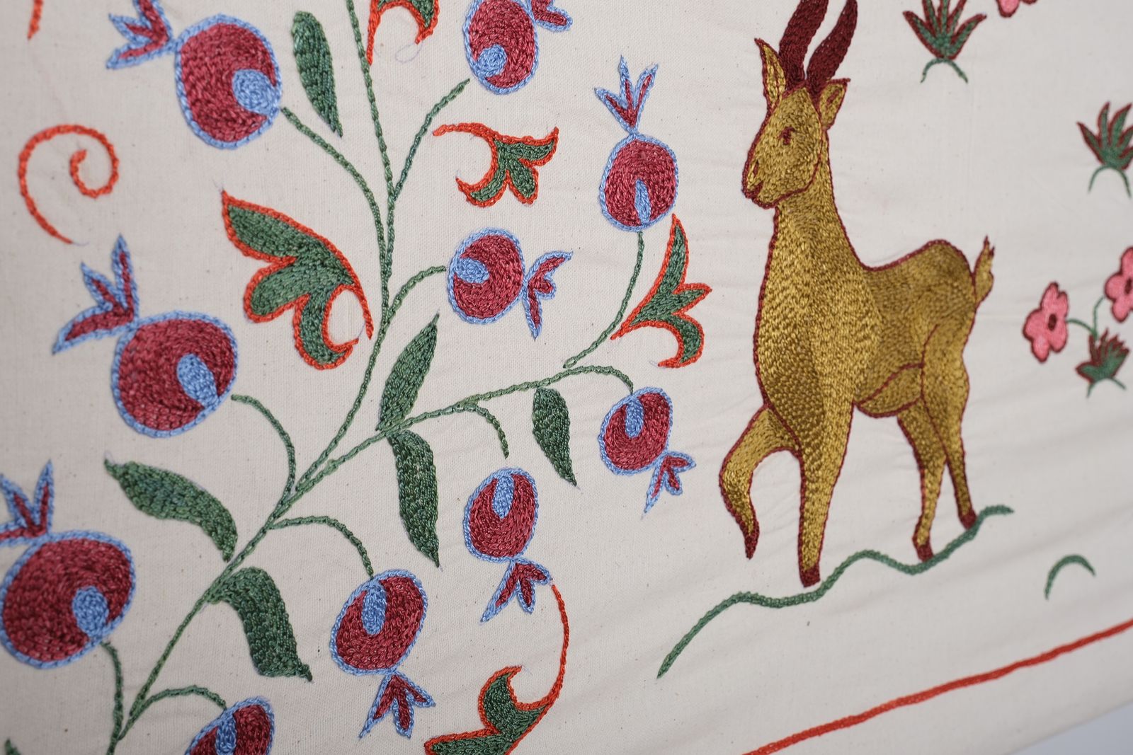 Uzbek Suzani Animal Cotton Tablecloth, 19th Century Bukhara Wall Hanging Decor   Deer And Camel Cotton Runner 1'6'' X 6' photo furniture