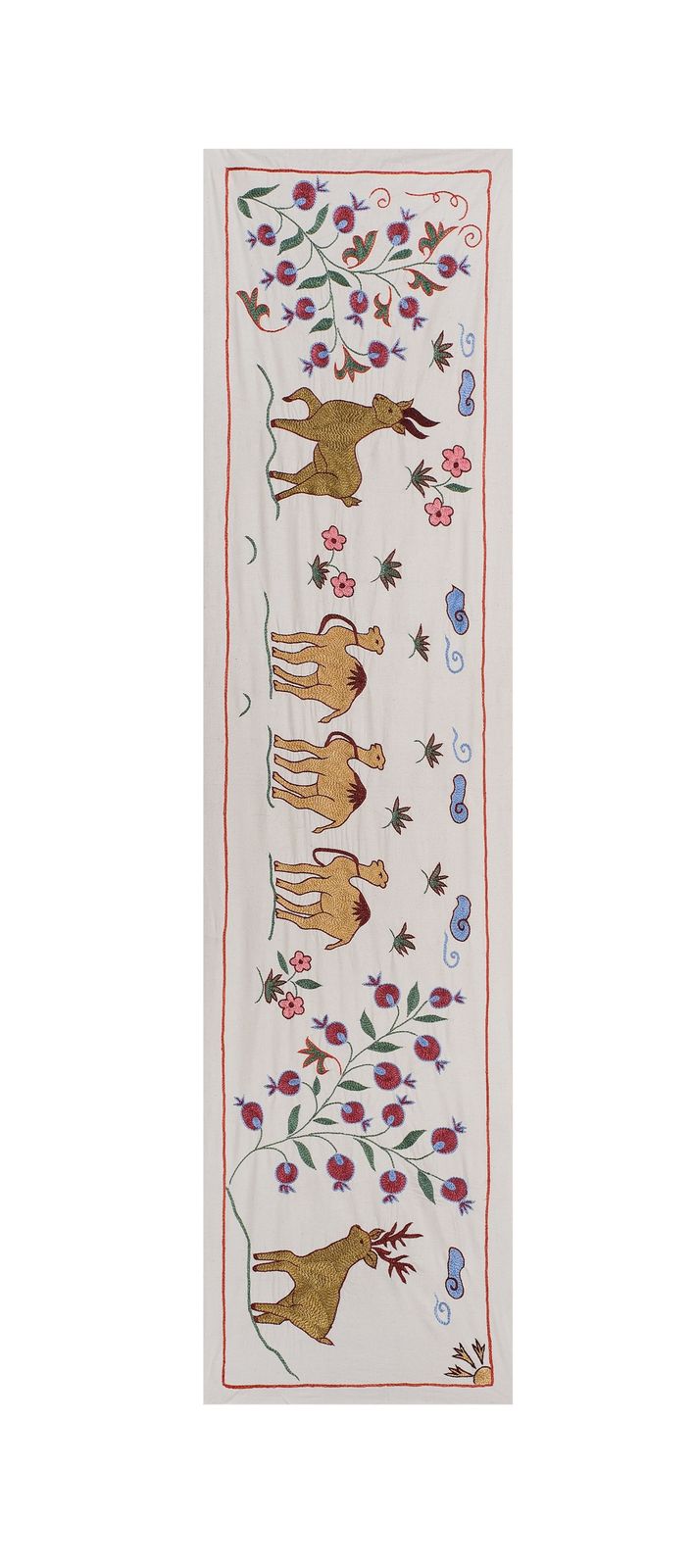 Uzbek Suzani Animal Cotton Tablecloth, 19th Century Bukhara Wall Hanging Decor   Deer And Camel Cotton Runner 1'6'' X 6' photo Textiles