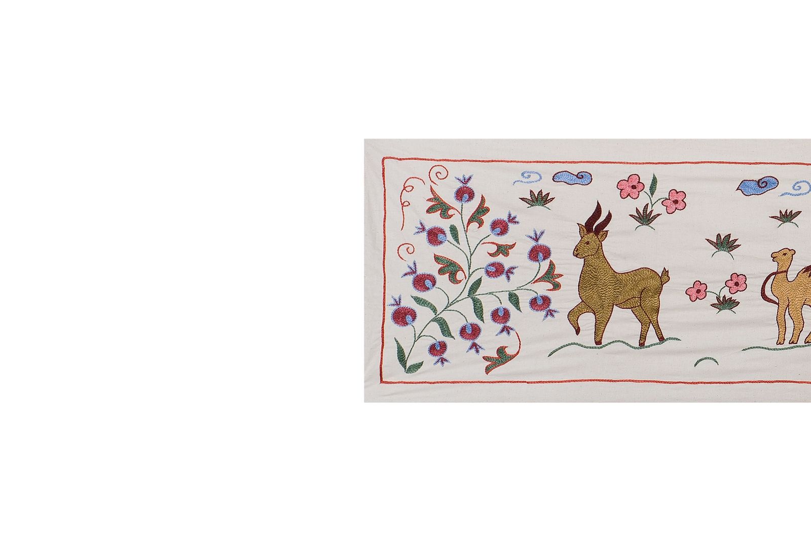 Uzbek Suzani Animal Cotton Tablecloth, 19th Century Bukhara Wall Hanging Decor   Deer And Camel Cotton Runner 1'6'' X 6' photo vintage