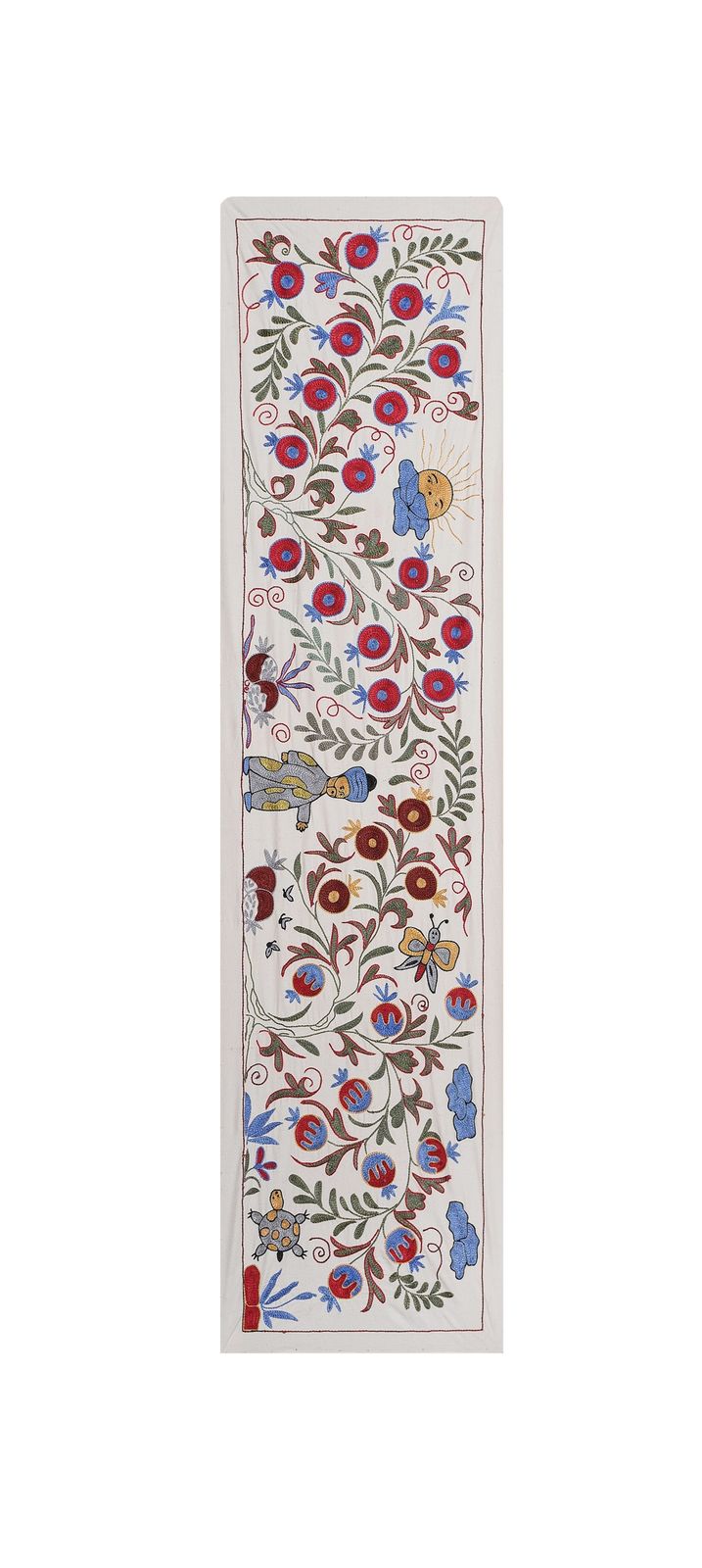Vintage Uzbek Suzani Tablecloth   Hand Embroidered 19th Century Wall Hanging   Human Pictorial Runner 1'6'' X 6'1'' photo buy