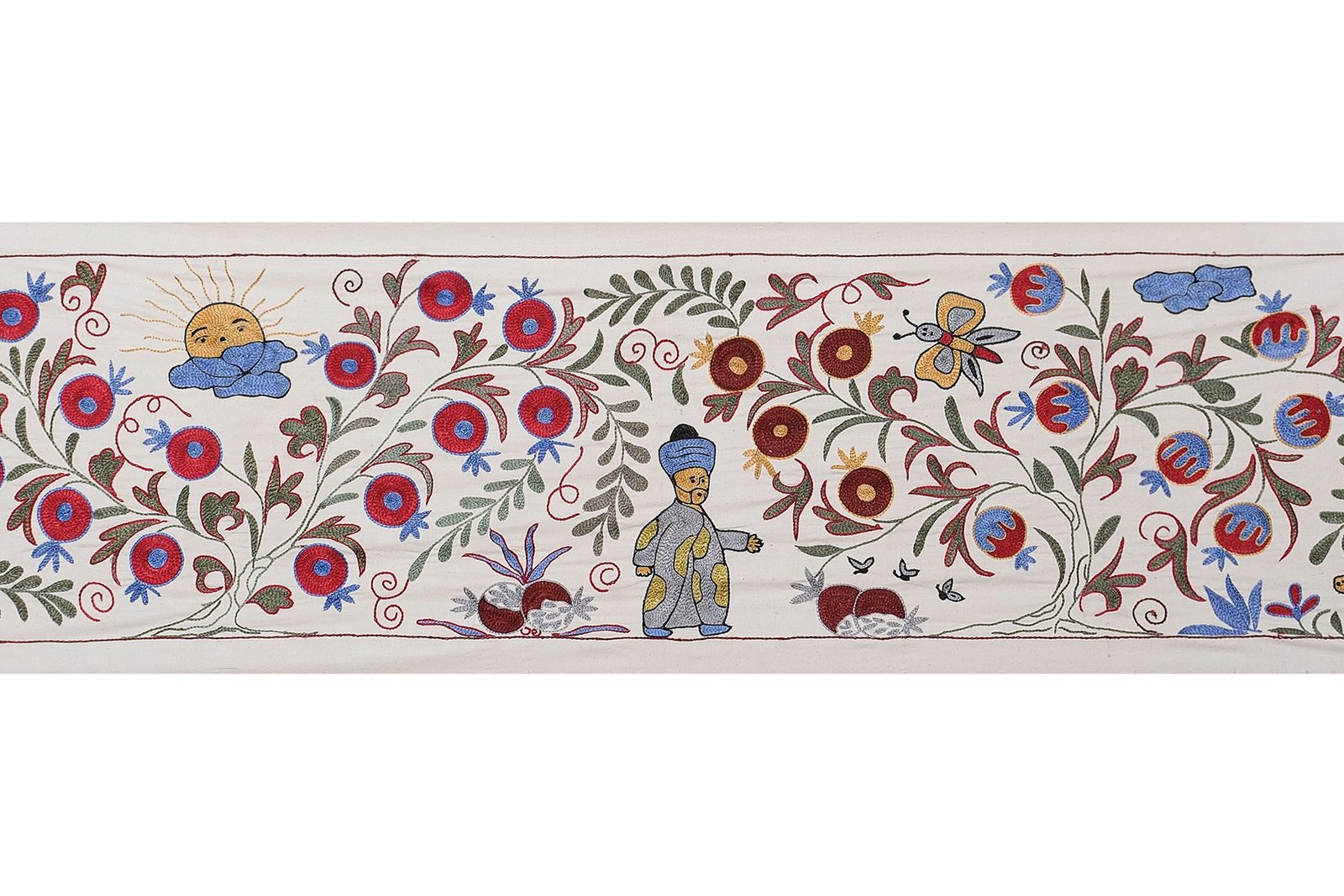 Vintage Uzbek Suzani Tablecloth   Hand Embroidered 19th Century Wall Hanging   Human Pictorial Runner 1'6'' X 6'1'' photo vintage