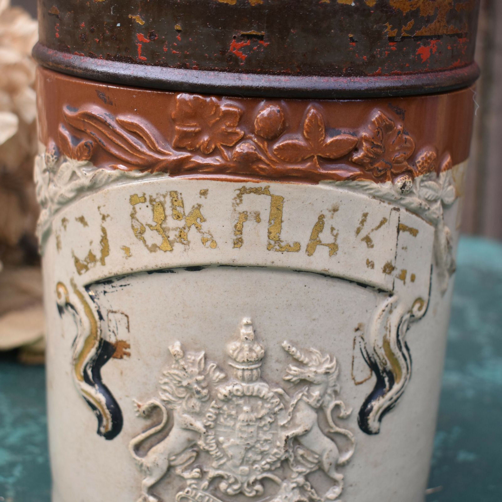 Antique Stoneware Salt Glaze Toleware Shop Advertising Apothecary Tobacco Jar photo for sale