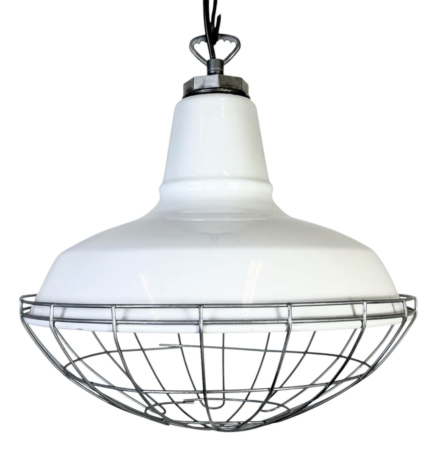 Industrial White Enamel Factory Pendant Lamp From Benjamin USA, 1960s, 2x