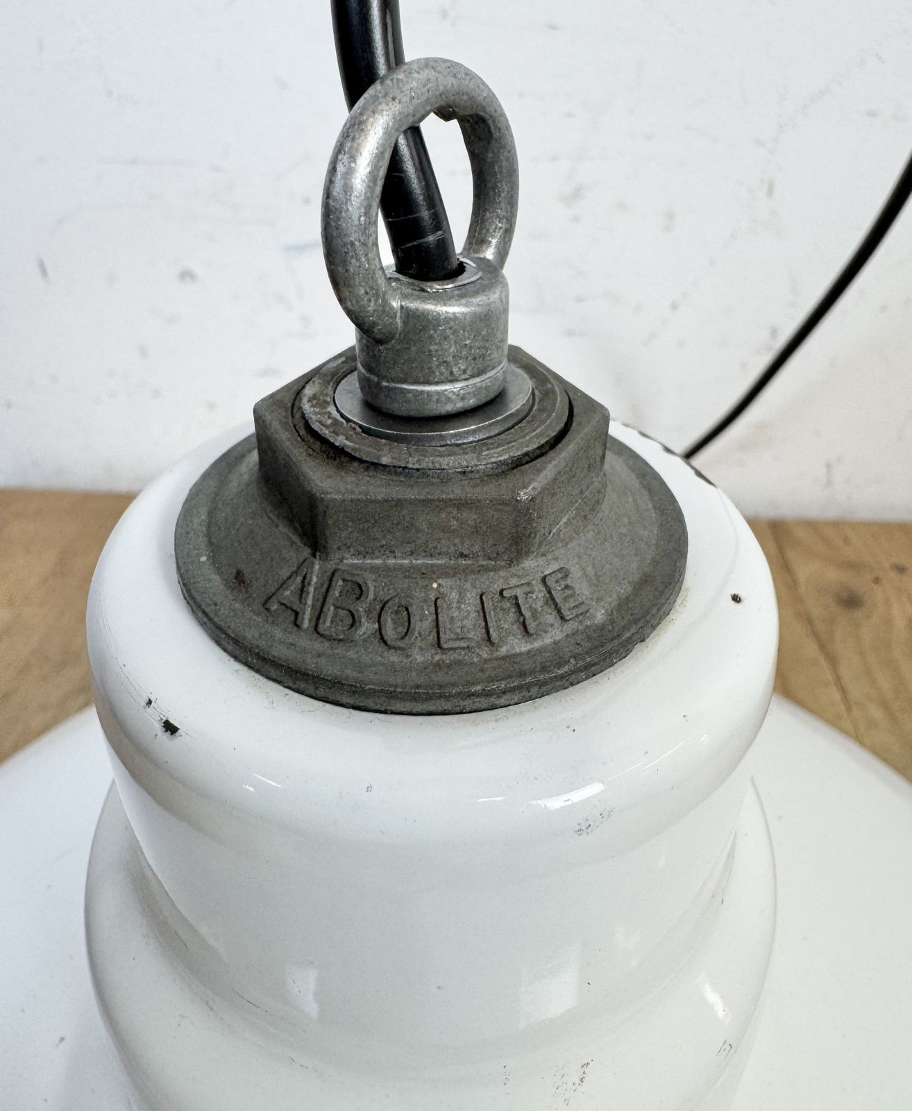 Industrial White Enamel Factory Pendant Lamp From Abolite, 1960s photo vinterior
