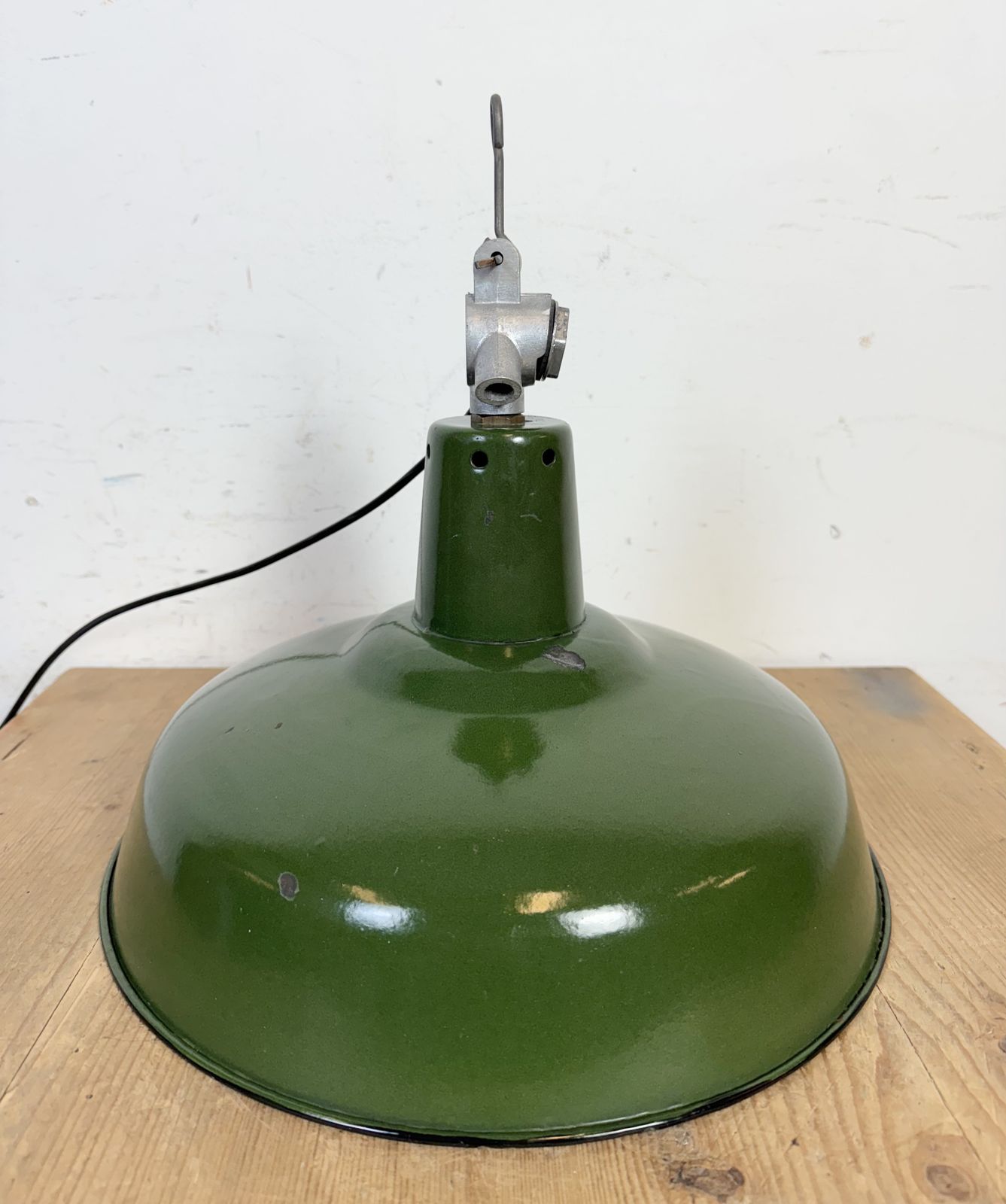 Industrial French Green Enamel Factory Pendant Lamp, 1960s photo furniture