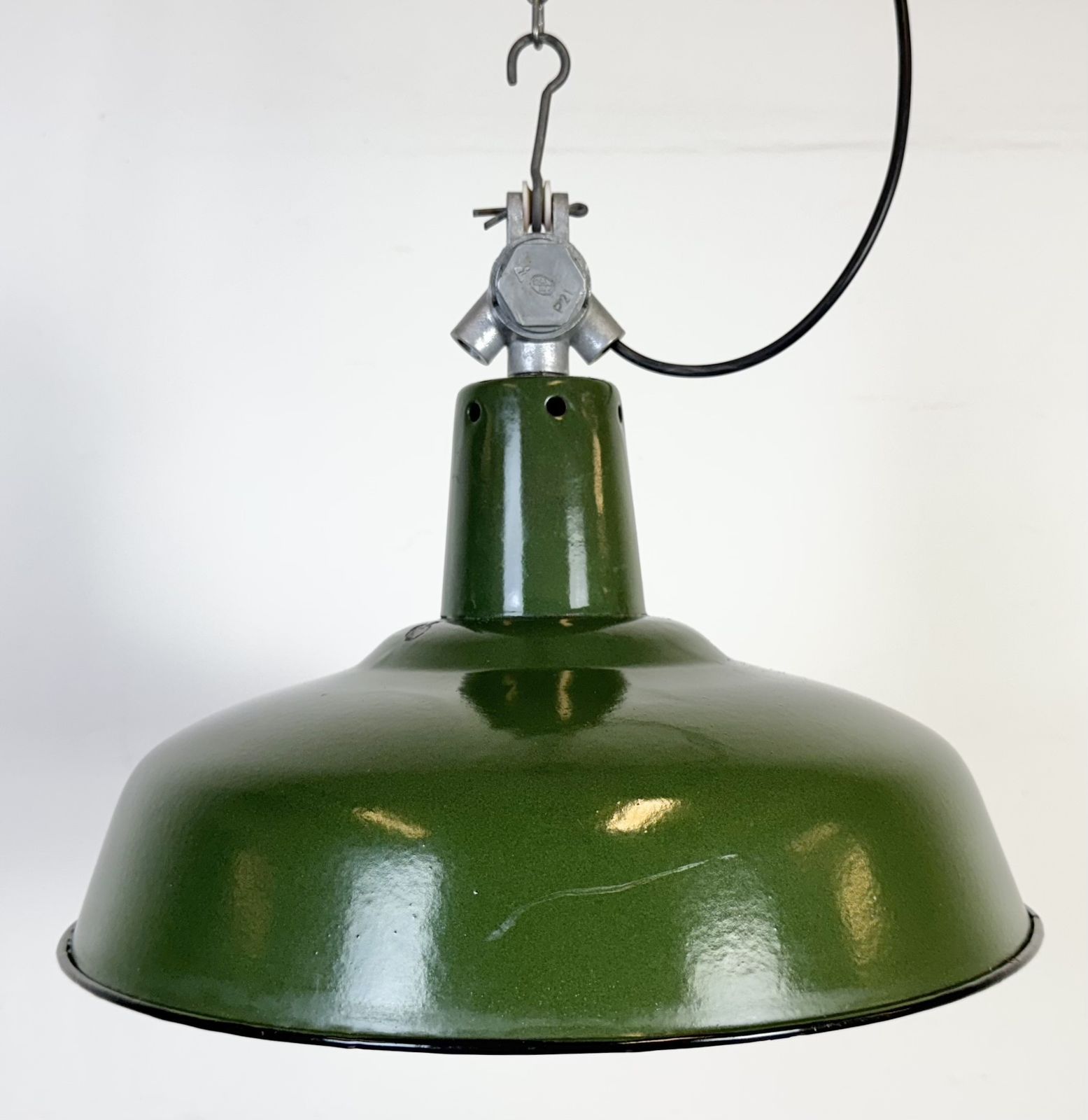 Industrial French Green Enamel Factory Pendant Lamp, 1960s photo for sale