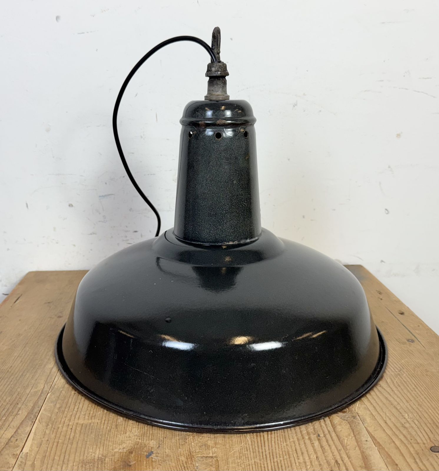 Industrial French Dark Grey Enamel Factory Pendant Lamp, 1960s, 2x photo furniture