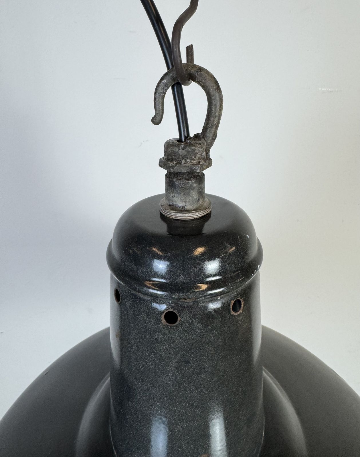 Industrial French Dark Grey Enamel Factory Pendant Lamp, 1960s, 2x photo 199.0
