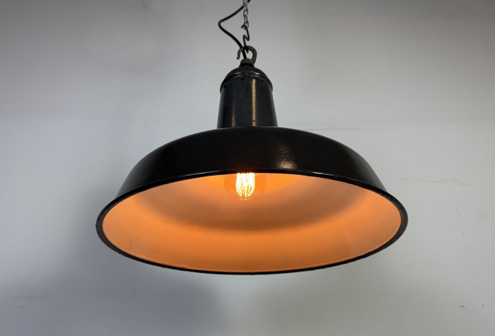 photo for sale Industrial French Dark Grey Enamel Factory Pendant Lamp, 1960s, 2x